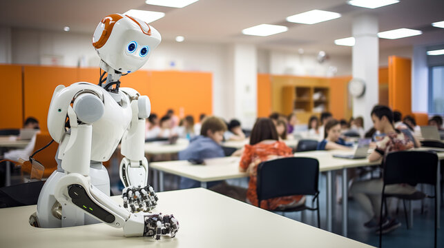 roboter as teacher in a classe room. futuristic education concept.