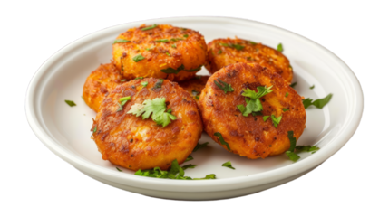 Aloo Tikki on a plate isolated on transparent png background. Generative ai 