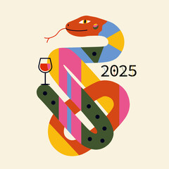 Vector abstract illustration with snake and wine glass. 2025 new year celebration poster, greeting card template. - 758352086