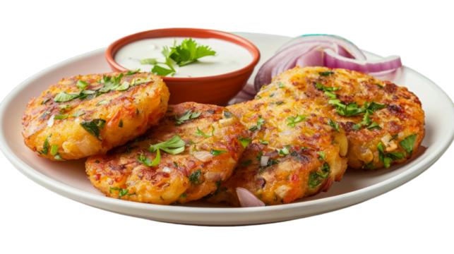 Aloo Tikki on a plate isolated on transparent png background. Generative ai 