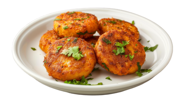 Aloo Tikki on a plate isolated on transparent png background. Generative ai 