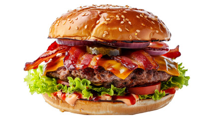 Bacon BBQ Burger isolated on transparent png background. Generative ai 