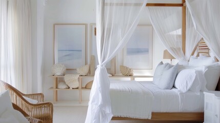 Fototapeta na wymiar Modern Coastal Bedroom Decor with Canopy Bed and Rattan Chair