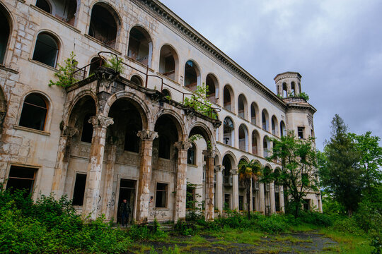 Ruined overgrown old abandoned Soviet sanatorium Iveria, Tskaltubo, Georgia