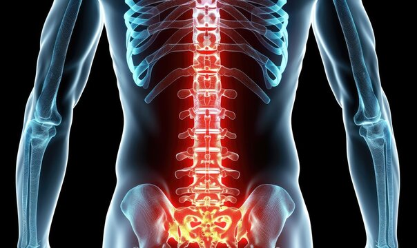 A back pain on the spine area. Medical illustration style