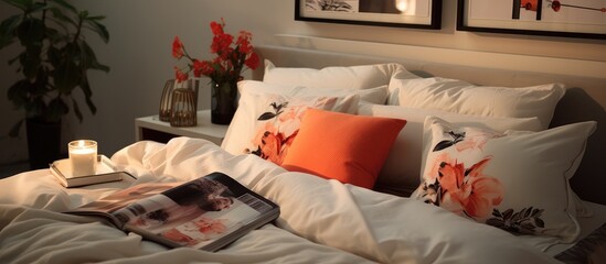 Bed with pillows and magazines for interior design idea.