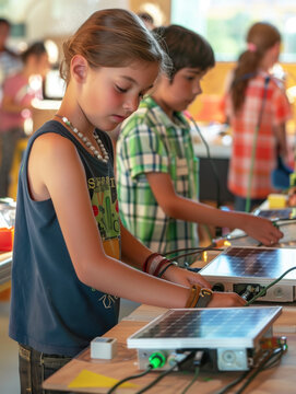 A Photo Of A Green Technology Workshop For Kids Where They Build Simple Solar-Powered Toys And Learn About Renewable Energy