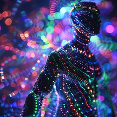 close up of an AI face made out of neon glowing lines and dark smoke, the skin is detailed with intricate circuit patterns. The background has flowing neon waves in blue, purple, orange and red