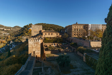 Albaicin with mountains of Sierra Nevada in background seen from the fortress walls of the Alhambra, Granada, Andalusia, Spain