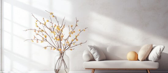 A modern living room with a white couch, a wooden coffee table, and a vase of fresh flowers on a branch