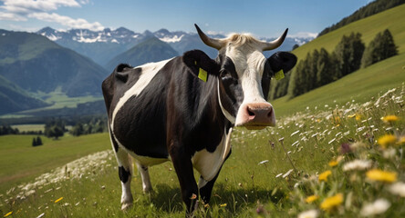 Holstein-Friesian dairy cattle on a green meadow with wild flowers under a blue sky on a sunny summer day.