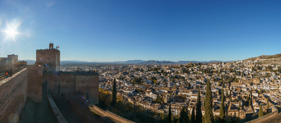 Fototapeta na wymiar Albaicin with mountains of Sierra Nevada in background seen from the fortress walls of the Alhambra, Granada, Andalusia, Spain
