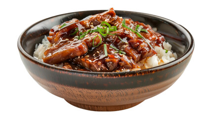 Fototapeta premium BBQ Pork Rice Bowl isolated on transparent png background. Generative ai 