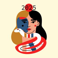 Vector abstract illustration with female head and white snake. 2025 new year celebration poster, greeting card template. - 758353201