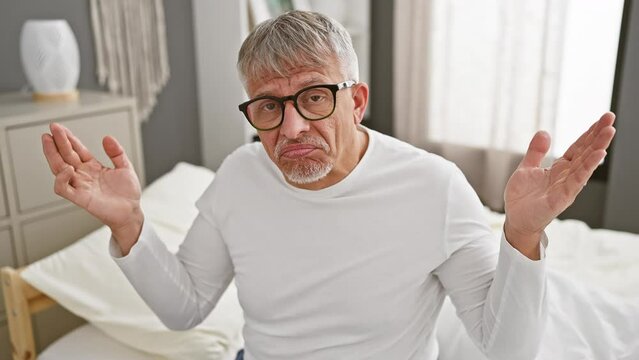 Clueless, grey-haired middle age man in pyjamas, hands raised in confused gesture, taken aback in bedroom. expressing puzzlement, an ambiguous reaction at home