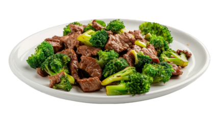 Beef and Broccoli Stir-Fry on a plate isolated on transparent png background. Generative ai 