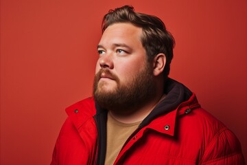 Portrait of a handsome young man in a red jacket on a red background.