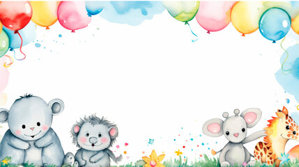 An eclectic mix of animals stands together, with the joyous backdrop of balloons hinting at a celebration in the wild, merging the essence of nature with festive spirits. Banner. Copy space.