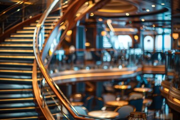 nside the luxurious cruise ship, a grand staircase cascades, surrounded by opulent d&eacute;cor, elegant lounges, and panoramic vistas, epitomizing sophistication.