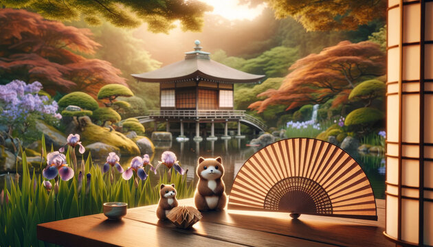 Japanese paper fan in the front, cute garden with tanuki in the back. Summer-themed paper fan showcasing a serene Japanese garden and playful tanuki.