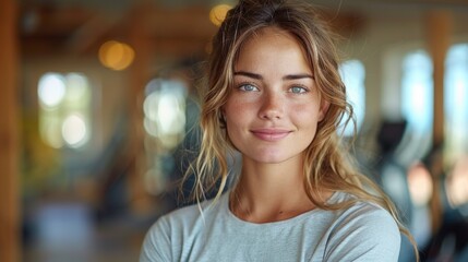Young woman with blue eyes and blonde hair smiling gently in a softly lit room - obrazy, fototapety, plakaty