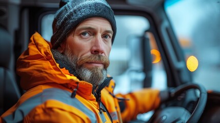 A bearded man wearing a hat and orange jacket is driving, with a focused expression