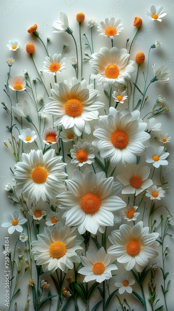 Wall mural Array of white daisy flowers with yellow centers, assorted buds, and green stems on a light background