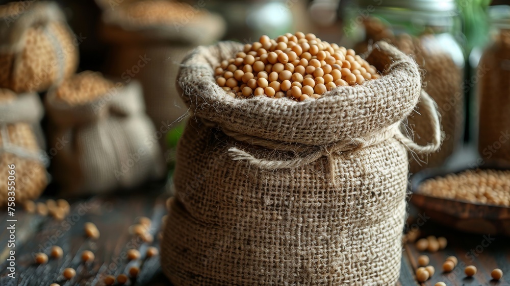 Poster burlap sack overflows with golden soybeans; more sacks and jars of beans adorn the background