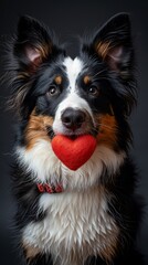 Border Collie dog with a shiny coat holds a red ball in its mouth, looking attentive