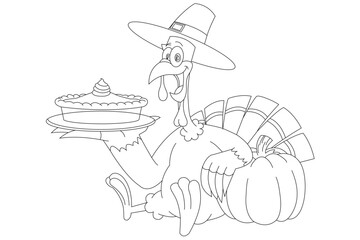 Cute Thanksgiving turkey cartoon holding a pie and sitting with a pumpkin in a festive holiday scene