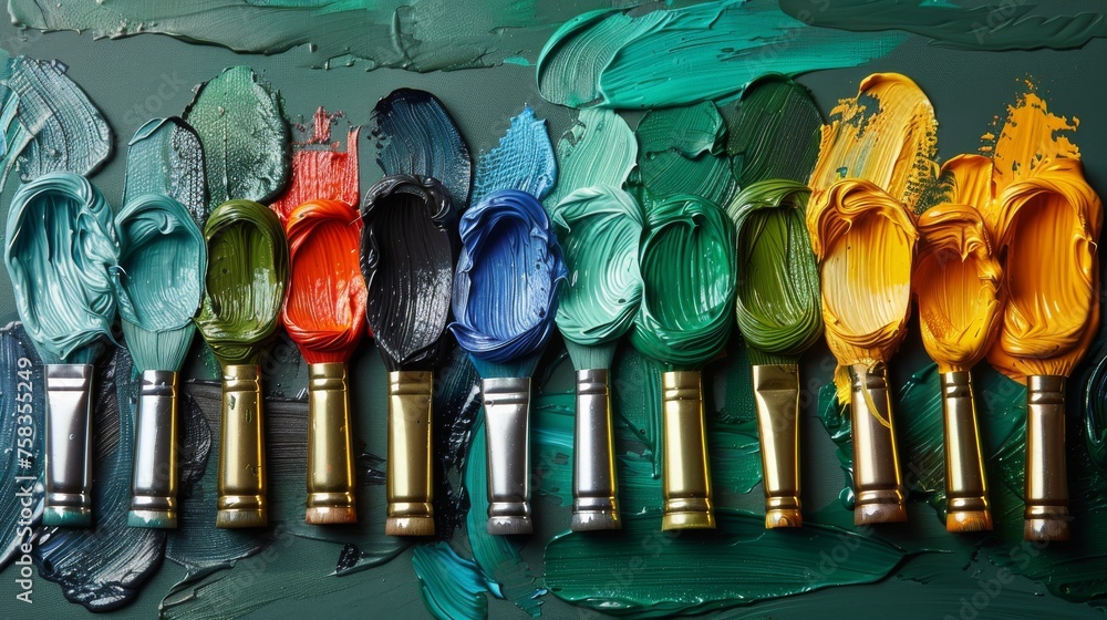 Poster colorful paintbrushes with vibrant paint strokes arrayed on a textured surface in a visually strikin