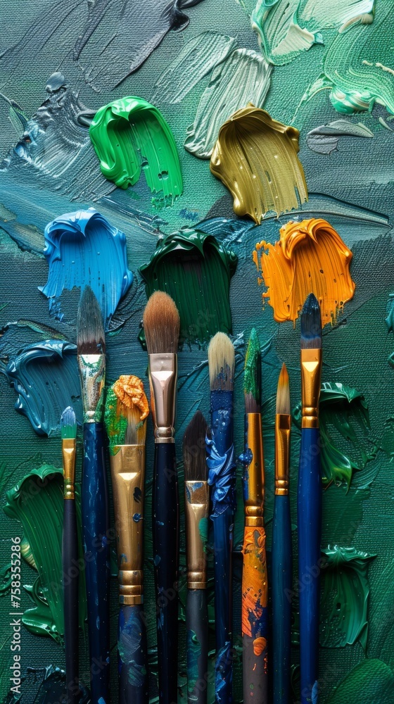Poster collection of paintbrushes with colorful paint streaks on a textured canvas in an artistic arrangeme