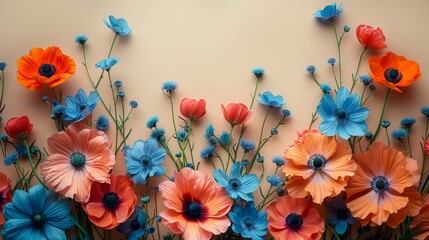 Colorful poppies in shades of orange, red, and blue artistically arranged against a beige background