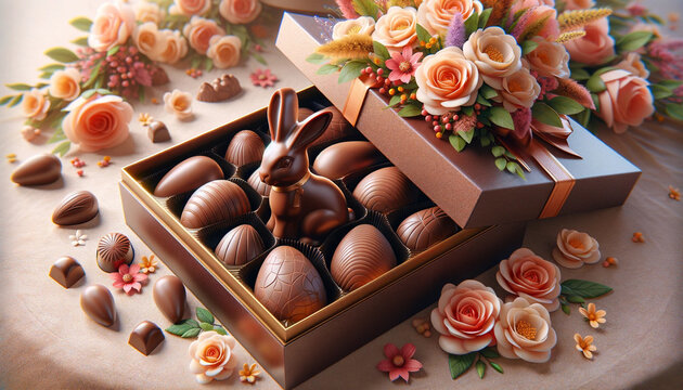 An Easter celebration image with the box  full of egg shaped chocolates bunny on the top and flowers. Ai generative