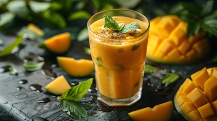 Mango smoothie in a high glass with sliced fresh mango fruit and green leaves on wooden table....