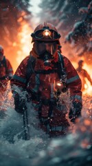 Fototapeta premium Firefighter in full gear is intensely navigating through water with fiery backlighting and smoke