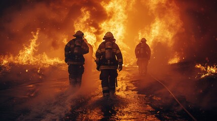 Firefighters advance through intense flames, battling a fierce fire, equipped with hoses, amidst a dangerous environment - obrazy, fototapety, plakaty