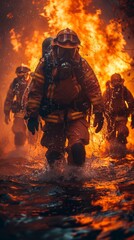 Firefighters in full protective gear advance bravely through intense flames and smoke during a dangerous firefighting operation