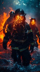 Firefighters in full gear advance through smoke and sparks, facing a blazing fire in a dramatic scene