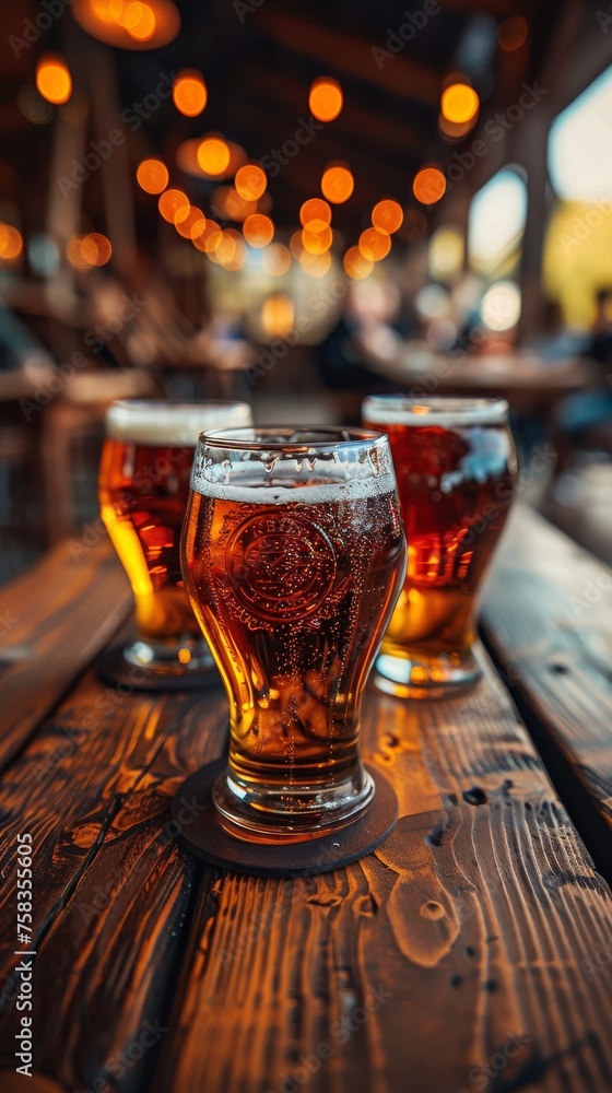 Poster glass of beer on a wooden table with more glasses and bokeh lights in background