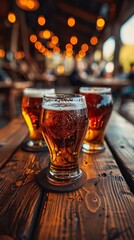 Glass of beer on a wooden table with more glasses and bokeh lights in background