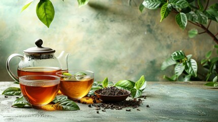 Glass teapot and cups filled with amber-colored tea, surrounded by loose leaves and fresh greenery - obrazy, fototapety, plakaty