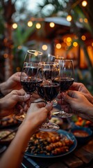 Group of friends toasting with red wine glasses over a table filled with food in evening