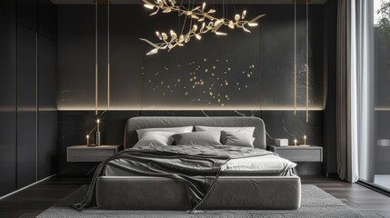 Minimalist Modern Bedroom with Sculptural Light Fixture AI Generated.
