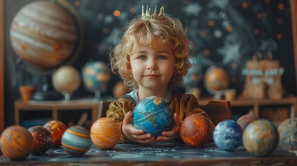 Fototapeta na wymiar Child wearing a crown sits at a table surrounded by colorful hand-painted planets and stars