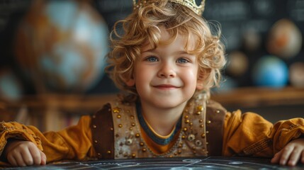 Child with curly hair wearing a crown and royal costume smiles in front of globes - obrazy, fototapety, plakaty
