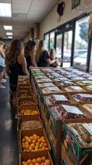 Obraz premium Image shows people queuing inside a store with boxes of various fresh fruits on display