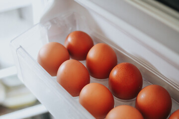 Packing eggs in a cardboard box. Eggs in the fridge