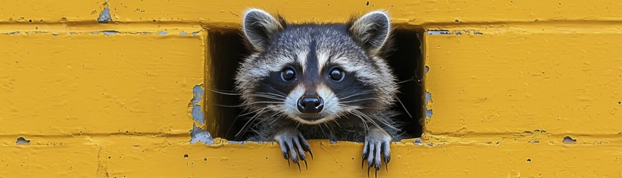 Bewildered raccoon emerges from wall's sewer drain, eyes wide, against a clear yellow backdrop.