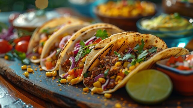 Image shows a row of delicious tacos with meat, vegetables, and a creamy sauce garnish